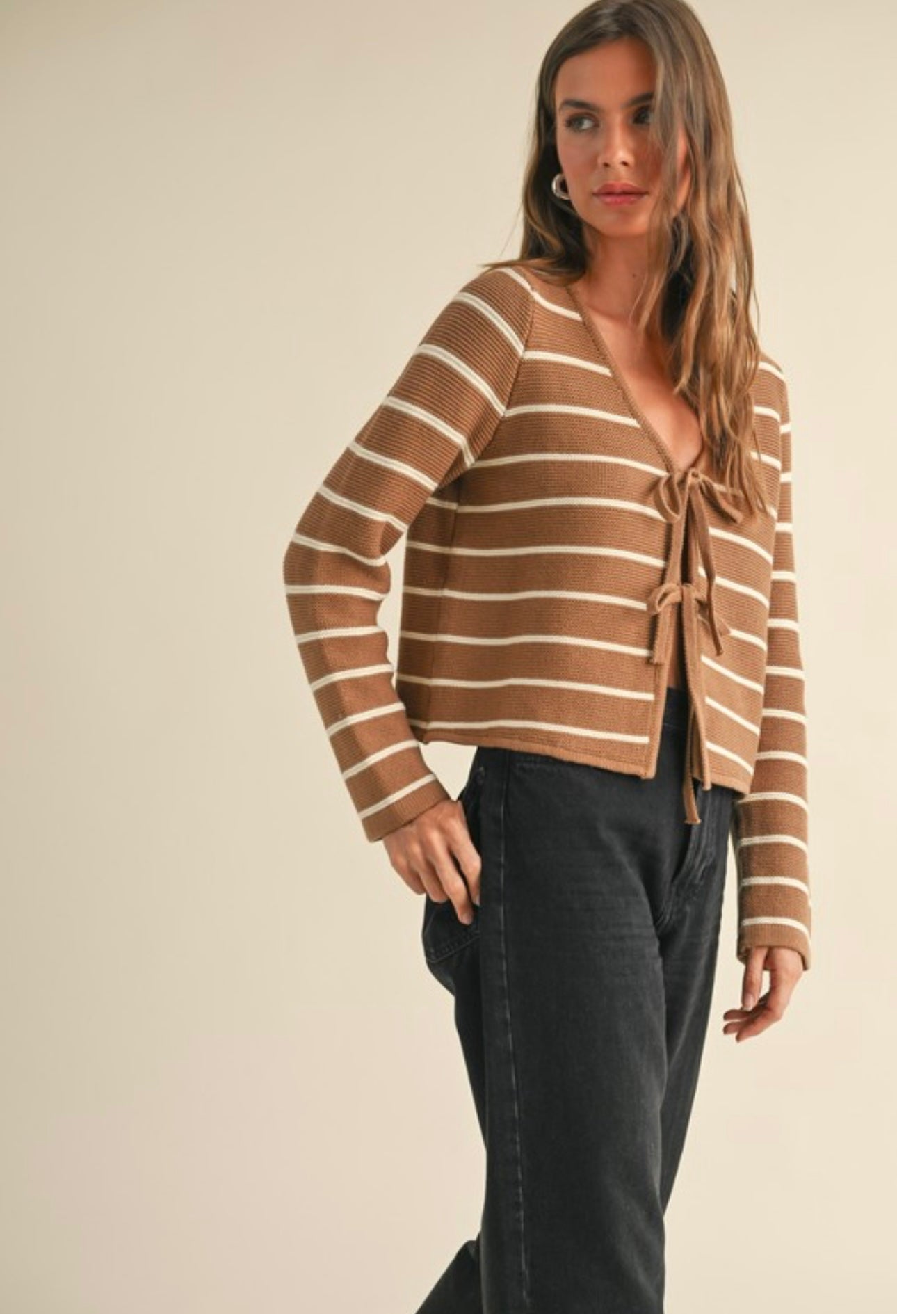 Striped Front-Tie Cardigan
