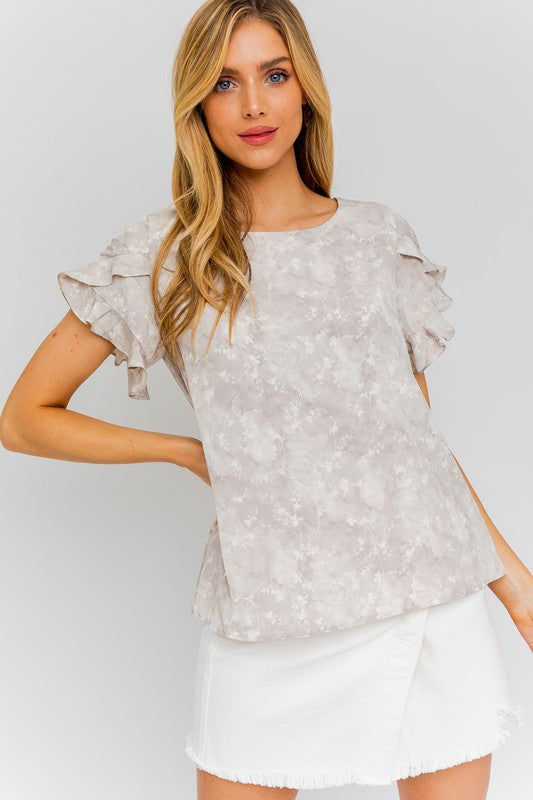 Sophisticated Ruffle Sleeve Print Top