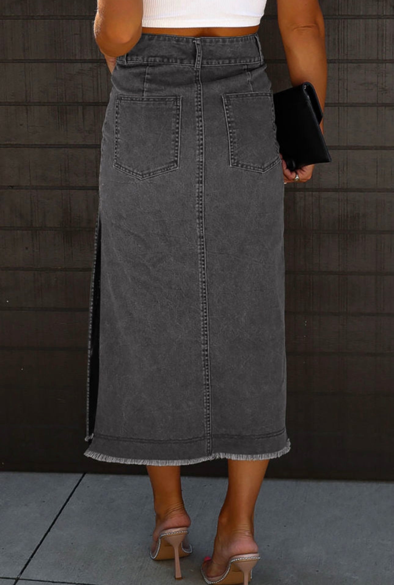 Raw Edge Midi Denim Skirt