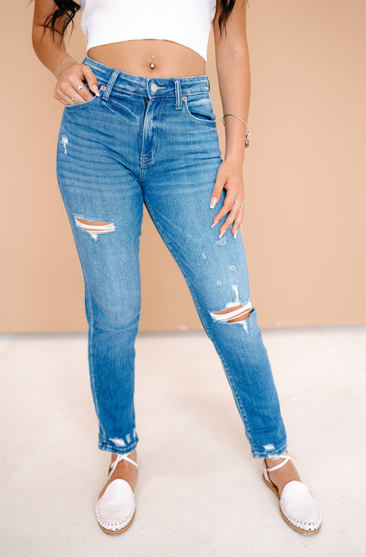 High Rise Tapered Leg Distressed Jeans