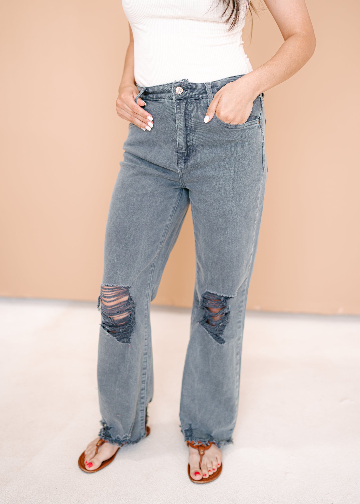 High Waist Distressed Straight Pants