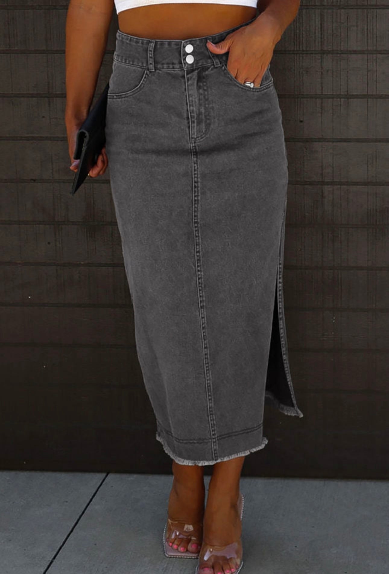 Raw Edge Midi Denim Skirt