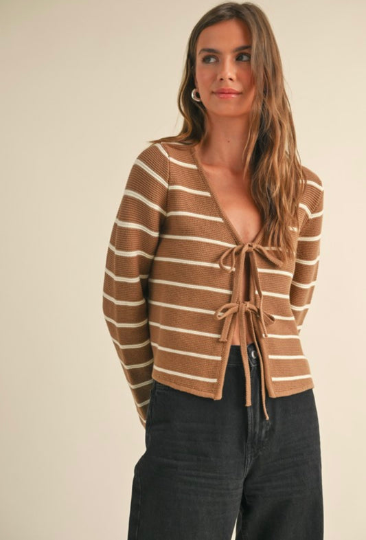 Striped Front-Tie Cardigan